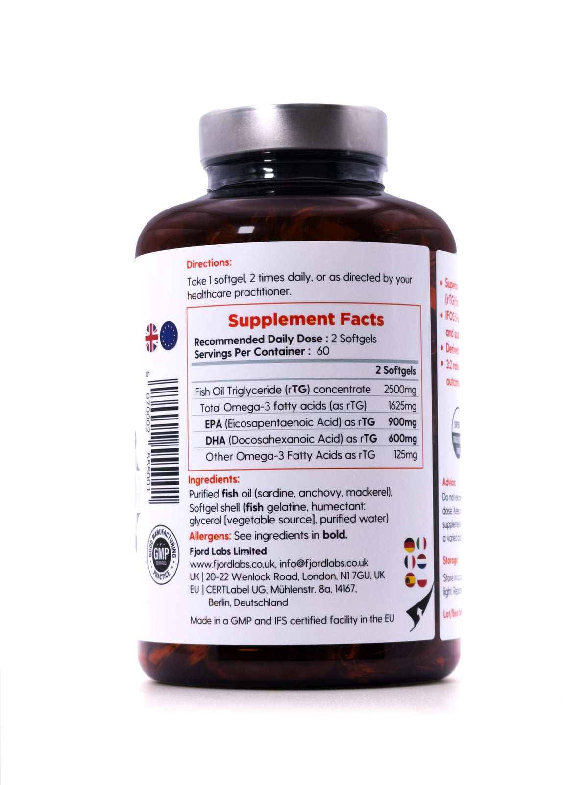 Omega-3 TG | Forma de triglicéridos | Certificado IFOS | 900 mg de EPA y 600 mg de DHA por 2 cápsulas | 120 cápsulas | [Solo entregas en UE y Reino Unido]